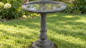 Stone pedestal bird bath with a sparrow on its rim, set on a lawn in a backyard garden