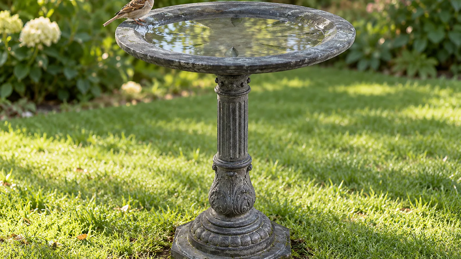 Stone pedestal bird bath with a sparrow on its rim, set on a lawn in a backyard garden