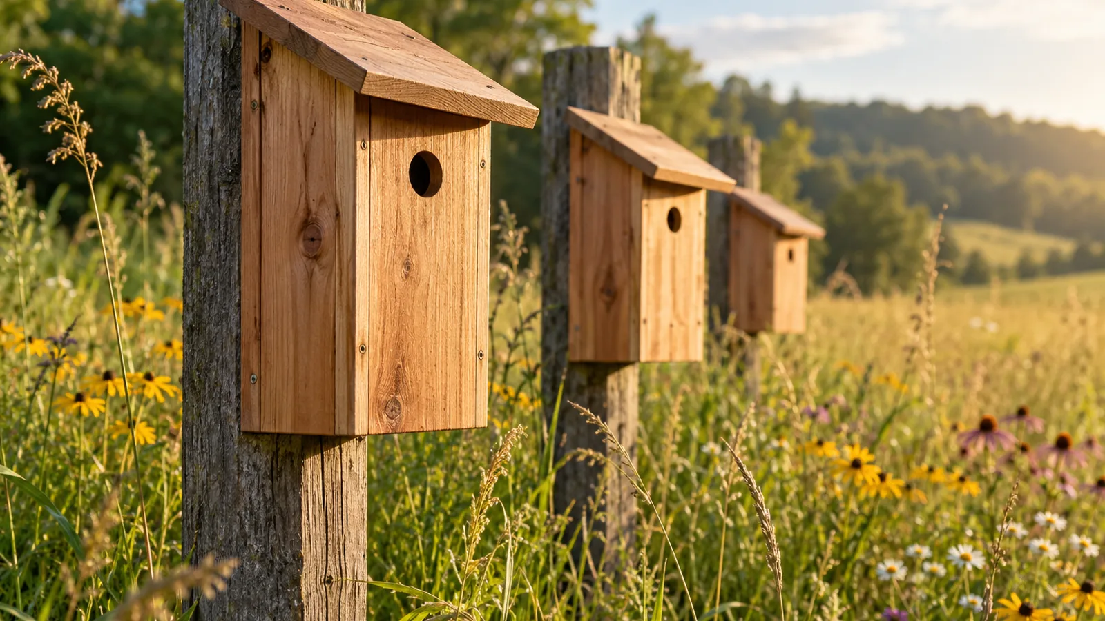 Three weathered cedar bluebird nest boxes with round entrance holes mounted on a post at a grassy field edge