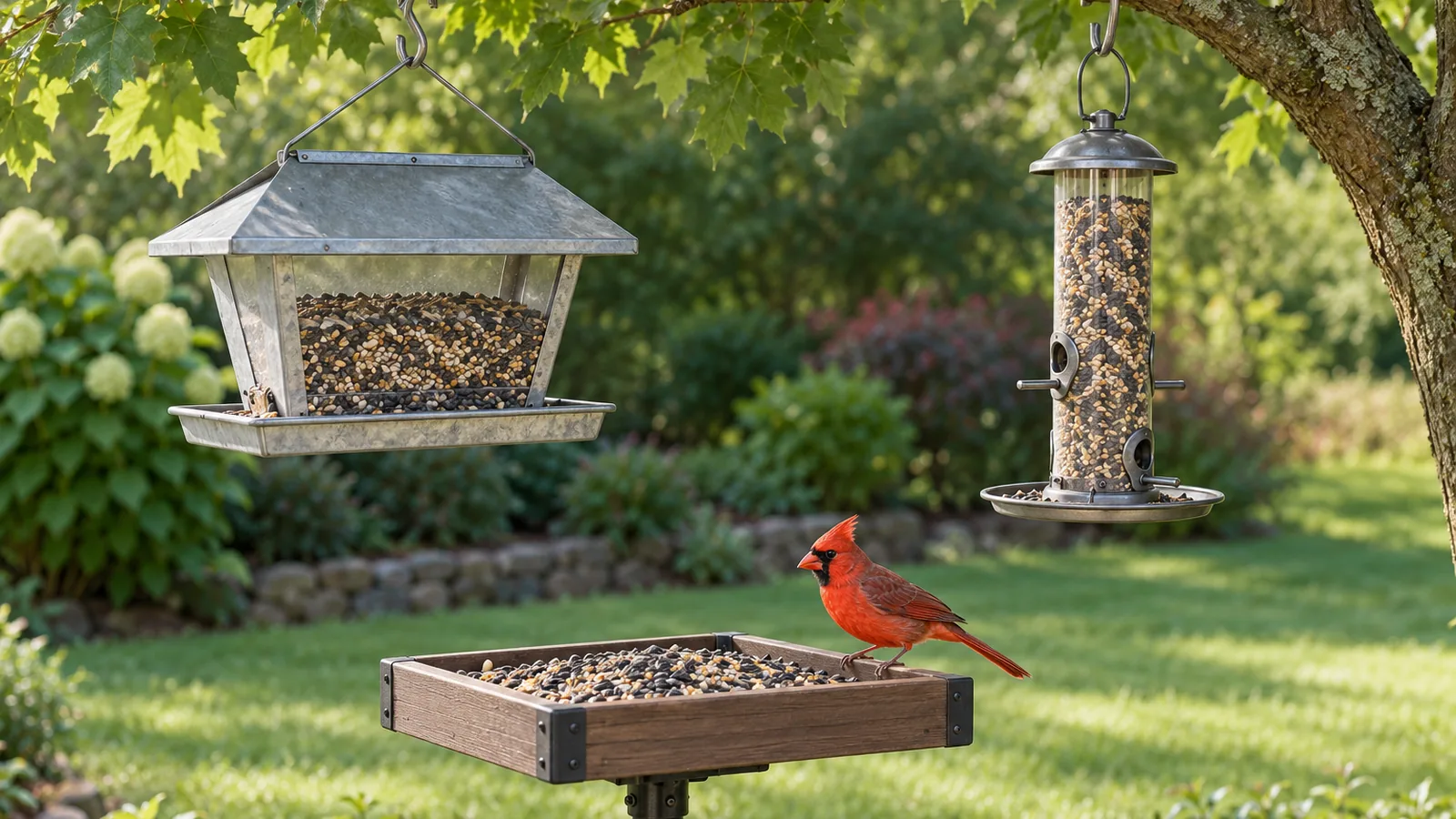 Male cardinal on an open platform feeder beside a metal hopper feeder and tube feeder hanging from a maple branch