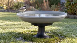 Grey heated bird bath on a black pedestal on a lawn, with a songbird on the rim