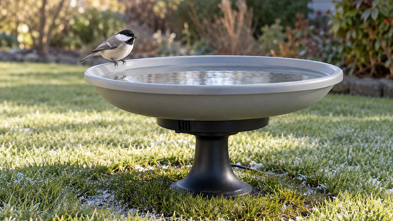 Grey heated bird bath on a black pedestal on a lawn, with a songbird on the rim