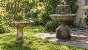 Stone bird bath with a sparrow beside a tiered garden fountain on a sunny lawn