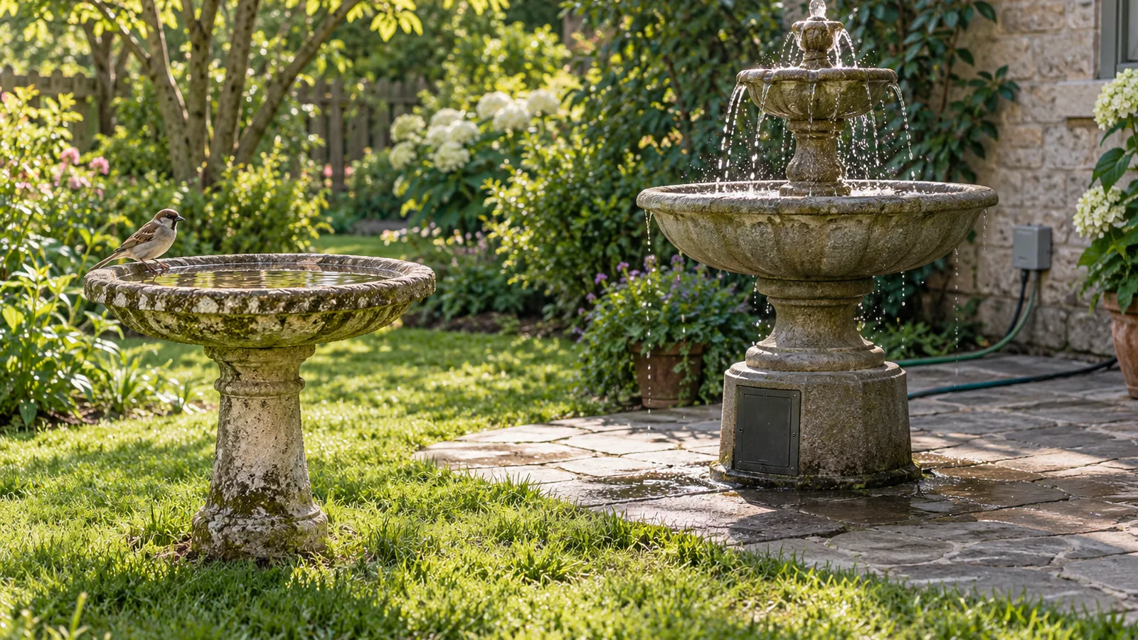 Stone bird bath with a sparrow beside a tiered garden fountain on a sunny lawn