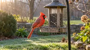 A red male cardinal perched on a wooden bird feeder filled with sunflower seeds in a garden