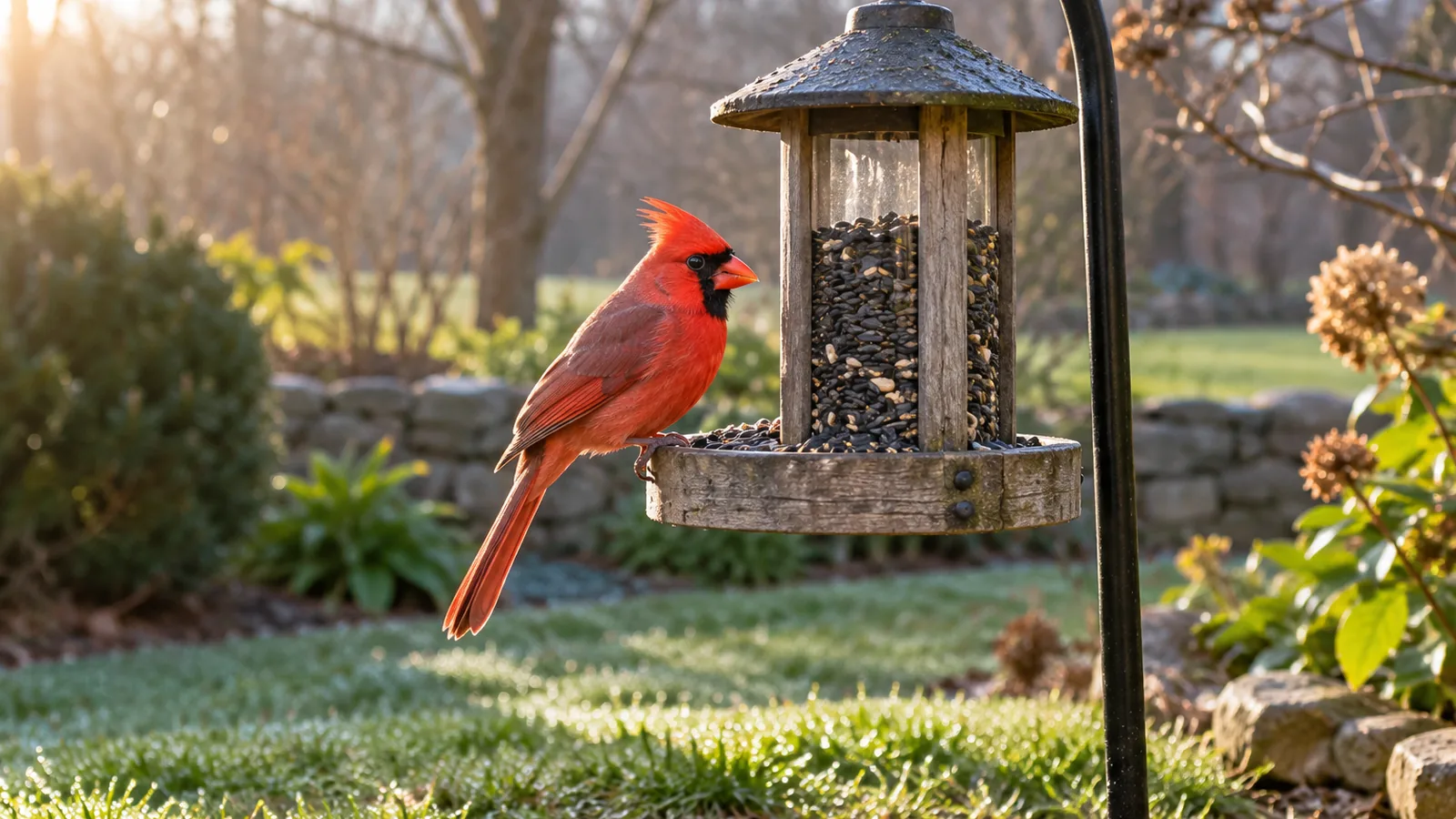 A red male cardinal perched on a wooden bird feeder filled with sunflower seeds in a garden