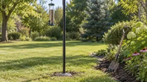 A green steel bird feeder pole standing upright in a sunny lawn, its base set in a concrete anchor