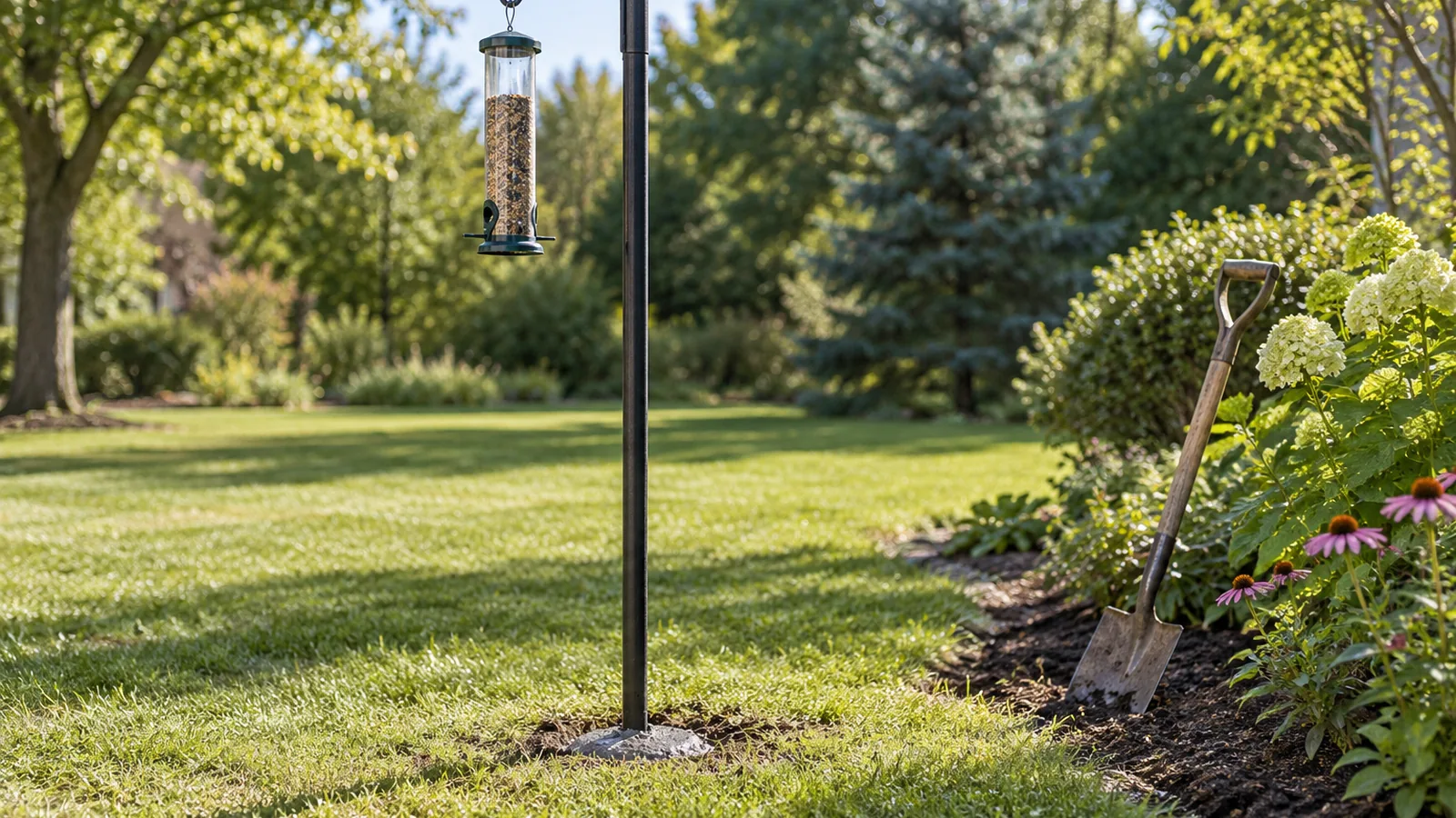 A green steel bird feeder pole standing upright in a sunny lawn, its base set in a concrete anchor