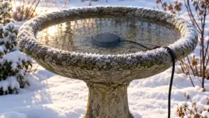 Stone bird bath with a submerged heater keeping open water in a snowy backyard