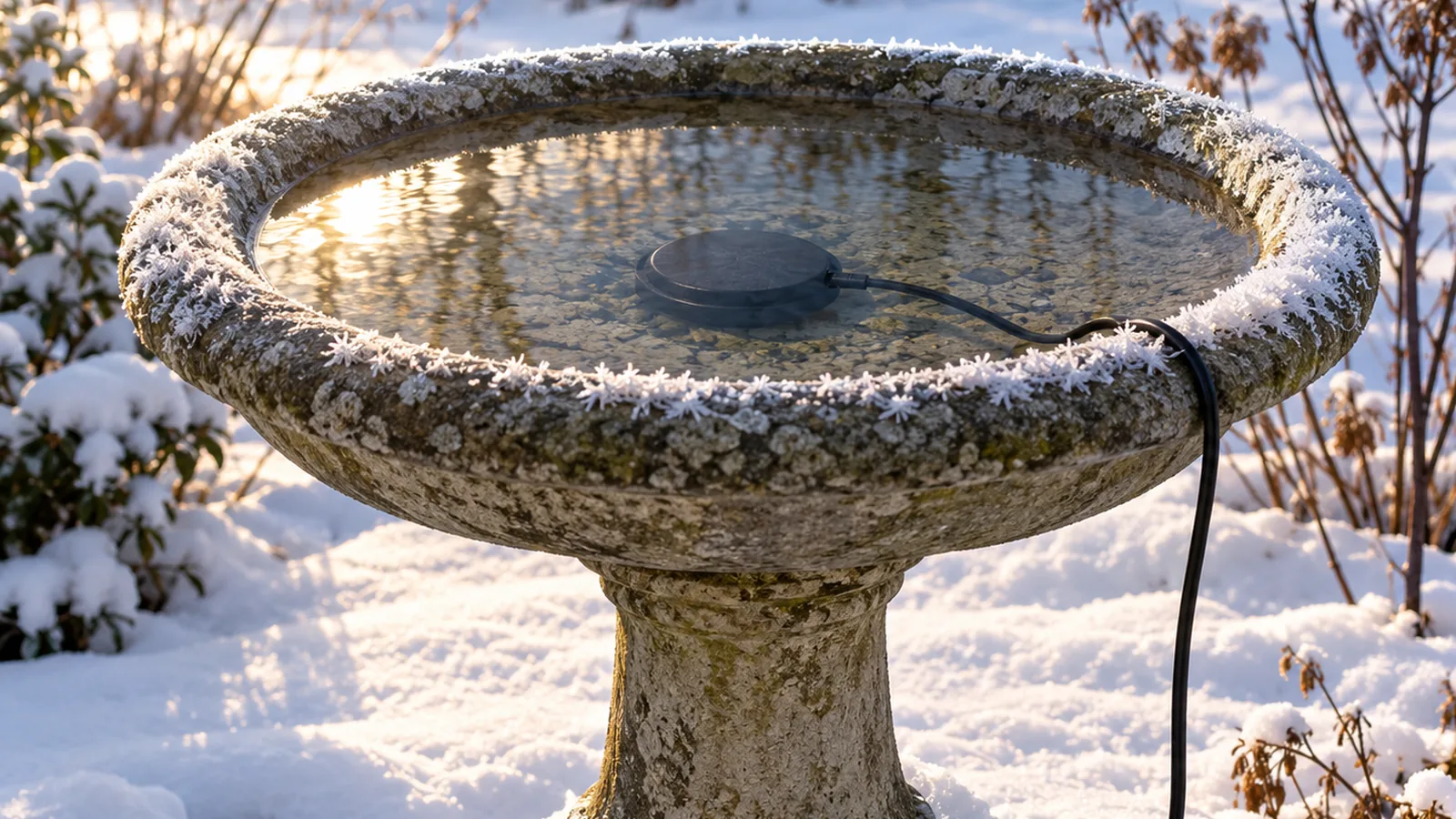 Stone bird bath with a submerged heater keeping open water in a snowy backyard