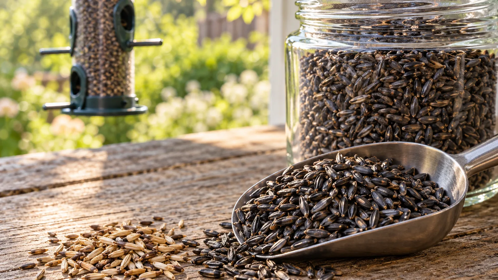 Small black niger seeds in a steel scoop beside a glass storage jar and a tube bird feeder